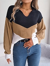 economico Motivi grafici e dettagli-Per donna Felpa Giornaliero Informale A strisce Collo a polo Lavorato a maglia Manica lunga Top regolari Maglia Ufficio Blu Cachi Autunno Inverno