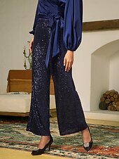 abordables pantalons de fête pour femmes-Femme Pantalon à paillettes Toute la longueur Elégant Fête / Soirée Noir bleu marine Printemps &amp; Automne S M L