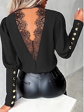 preiswerte Damen Arbeitsoberteile-Damen Hemd Bluse Feste Farbe Elegant damas Stilvoll Langarm Stehkragen Arbeit Spitze Knopf Schwarz Weiß Rote Blau Frühling Herbst Winter