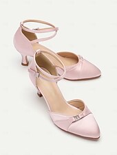 cheap 1950s-Women&#039;s Pink Satin Ankle Strap Heels with Bow Detail – Elegant Wedding or Party Shoes with Mid-Heel for Formal Occasions