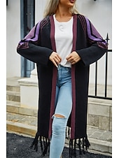 abordables Cardigans et vêtements d&#039;extérieur-Femme Gilet Cardigan Mode du quotidien Géométrique Ouvrir le devant Franges manche longue Hauts longs Tricoter Extérieur Sortie Fin de semaine Noir Chameau Automne Hiver