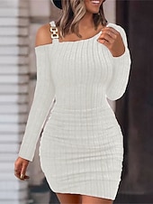 preiswerte Bodycon für den Klub-Damen Casual kleid Minikleid Patchwork Kalte Schulter Brautkleider schlicht Ein-Schulter Langarm Schwarz Weiß Wein Farbe