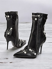 abordables Botas de moda-Botas de moto con tacón de aguja de piel sintética negra para mujer con hebillas y detalles de cremallera: tacones de media pantorrilla con punta puntiaguda sexys para fiestas y salidas nocturnas