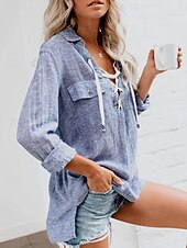 cheap Plain Tops-Women&#039;s Shirt Blouse Solid Color Casual Long Sleeve Shirt Collar Regular Tops Daily Lace up Pocket Blue Fall