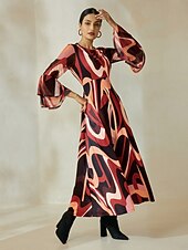 levne Květinové šaty-Dámské Volnočasové šaty Maxi dlouhé šaty Hnědá Dlouhý rukáv Geometrický Potisk Podzim zima Do U Bohemian Style S M L