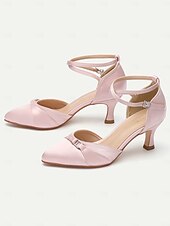 cheap 1950s-Women&#039;s Pink Satin Ankle Strap Heels with Bow Detail – Elegant Wedding or Party Shoes with Mid-Heel for Formal Occasions