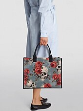 abordables Cabas et fourre-tout-sac fourre-tout imprimé tête de mort et rose – grand sac à main gothique pour femme, design floral vintage, parfait pour Halloween ou pour un usage quotidien