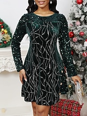 Women's Holiday Dress Three-Quarter Sleeve Sequin Embellished Fit-and-Flare Knee-Length Party Evening Red Gold Glittery Comfort Stretch Winter Apparel 11
