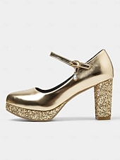 ieftine Pantofi Mary Jane-pantofi Mary Jane cu toc bloc cu sclipici aurii – pantofi de petrecere cu platformă strălucitori pentru nunți și evenimente formale