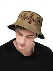 levne Pánské klobouky-pánský béžový bucket klobouk s etnickým geometrickým potiskem - stylový letní klobouk pro outdoorové dobrodružství a festivaly