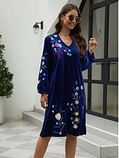 abordables Robes fleuries décontractées-robe décontractée pour femme robe midi brodée avec manche saint valentin travail rendez-vous élégant basique col en V manches longues manche évêque couleur bleue