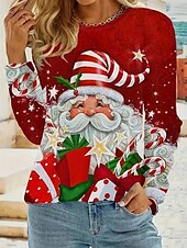 preiswerte Weihnachts-T-Shirts-Damen Sweatshirt süßes Kätzchen Weihnachtsmannmütze Langarm Winter lässig festlich rot Grafik Rundhals Oberteil gemütlich bequem