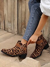 abordables Botines-Botines con estampado de leopardo para mujer con correa de hebilla, estilo occidental informal, tacón bajo cómodo para uso diario
