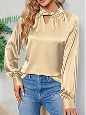 economico Top eleganti-Per donna Camicia Elegant Elegante Raso/Satin Tinta unica Signore Elegante Manica Lunga Scollo a V Top Regolari Feste Lavoro Nodo attorcigliato Nero Bianco Verde Cachi Autunno Inverno