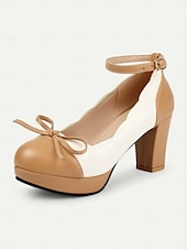 billiga 1950-talet-vintage tvåfärgade chunky klackar för kvinnor med ankelrem och rosettdetalj – skor i retrostil för speciella tillfällen