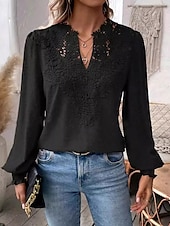 cheap Lace Tops-Women&#039;s Lace Shirt Stylish Lace Long Sleeve Regular Tops V Neck Work Black Fall Winter