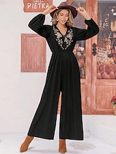 preiswerte Overall-Damen Normal Jumpsuit Boho Feste Farbe Langarm Laternenärmel Gerade V Ausschnitt Stickerei Täglich Ausgehen Lockere Passform Schwarz Ganzjährig