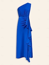 baratos vestido de festa-vestido longo azul cetim sem mangas com babados e um ombro só