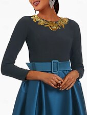 billige GUL-A-Linje Kvelds Kjole Elegant Kjole Formell Gulvlengde 3/4 Lengde Erme Juvel Hals Lomme Sateng med Glitrende Slisse