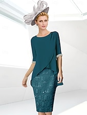economico Lunghezza del tè-Abito Tubino da Spiaggia Madre della Sposa Elegante Collo Gioiello Lunghezza Ginocchio Sequin Chiffon Elasticizzato Manica Mezza con Ruches in Pizzo 2025 misura personalizzata gratuita
