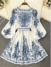 levne Boho šaty-Dámské Midi šaty Áčkové šaty Boho šaty Elegantní Denní Běžný Květinový Geleneksel Dlouhý rukáv Do V Vodní modrá Jaro Podzim Zima