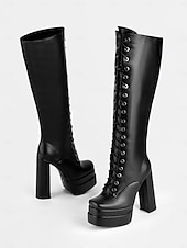 naisten mustat alustan polvikorkeat nauhasaappaat – goottilainen punk-tyyli, jossa on paksu kantapää, ihanteellinen halloweeniin ja cosplayan halpa Biker-saappaat-naisten mustat alustan polvikorkeat nauhasaappaat – goottilainen punk-tyyli, jossa on paksu kantapää, ihanteellinen halloweeniin ja cosplayan