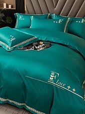 baratos Coleção de elite-Conjunto de cama com capa de edredom de 4 peças, 100% algodão orgânico, tecido macio e respirável, inclui capa de edredom e fronhas para um sono confortável