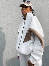 baratos Agasalho Feminino-Feminino Quente Moletom Sherpa Calças de lã Manga Longa Gola Alta Bloco de cor Zíper Ao ar livre Branco Castanho Claro Primavera Superdimensionado
