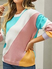preiswerte Grafische Muster und Details-Damen Pullover Brautkleider schlicht Geometrisch Bedruckt Rundhalsausschnitt Strick Langarm Lange Oberteile Stricken Heim Regenbogen Herbst Winter