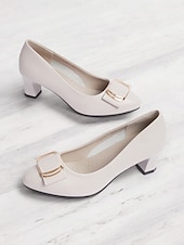 cheap Block Heels-Women&#039;s Beige Low Block Heel Pumps with Gold Buckle and Flexible Sole – Comfortable Slip-On Shoes for Office and Formal Wear