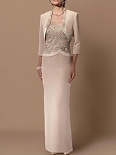 abordables Ensembles de robes pour maman-Robe fourreau mère de la mariée invitée de mariage élégante grande taille encolure droite longueur au sol en chiffon satin dentelle sans manches robes à courte veste avec ceinture  appliques en ruban