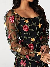 preiswerte abendkleider-Damen schwarzes kleid Maxidress Rüsche Bestickt Elegant Quadratischer Ausschnitt Langarm Schwarz Farbe
