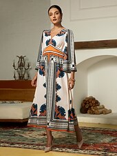 economico Abiti floreali-abito lungo in raso con scollo a V e motivo geometrico bohémien