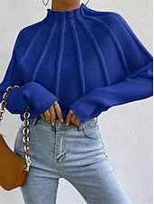 cheap Graphic Patterns &amp; Details-Women&#039;s Sweater Fashion Daily Solid Color Mock Neck Knitted Textured Batwing Sleeve Long Sleeve Regular Tops Knit Home Work Daily Black White Fall Winter