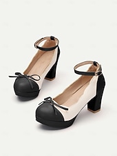 billiga 1950-talet-vintage tvåfärgade chunky klackar för kvinnor med ankelrem och rosettdetalj – skor i retrostil för speciella tillfällen