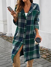 billige Trench Coats-Dame Hettegenser utendørs Gate Dagligdagstøy Høst Vinter Lang Frakk Normal Hold Varm Pustende Stilfull Fritid Jakker Langermet Striper og rutete Med lommer Trykt mønster Svart Brun Grønn