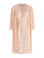 preiswerte Mit Jacke-zweiteiliges Etuikleid in Champagner für die Strandhochzeit, Mutter der Braut, elegantes Hochzeitsgastkleid mit Rundhalsausschnitt, knielang, Chiffonspitze, 3/4-Ärmel, Wickelkleid inklusive Jacke,