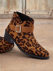 abordables Botines-Botines con estampado de leopardo para mujer con correa de hebilla, estilo occidental informal, tacón bajo cómodo para uso diario