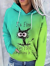 abordables Sudadera-Sudadera con capucha para mujer, sudadera con capucha con estampado de gato para uso diario, informal, de manga larga, microelástica, cómoda, transpirable, de tejido suave para otoño e invierno