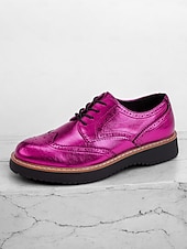 economico Scarpe oxford da donna-scarpe brogue oxford rosa metallizzato da donna con punta a coda di rondine, scarpe casual eleganti con lacci per feste ed eventi di moda