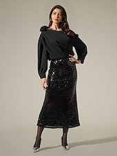 abordables jupe femme-Femme Midi Noir Jupes Printemps, Août, Hiver, Eté Paillettes Doublé Taille médiale Elégant Rétro Vintage Soirée Formel Mariage Soirée XS S M