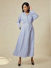 cheap Casual Dress-Cotton Stripe Button Up Maxi Shirt Dress