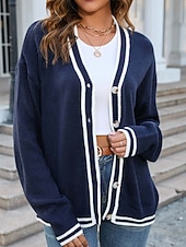 Women's Cardigan Fashion Streetwear Daily Color Block Open Front Knitted Long Sleeve Long Tops Knit Work White Navy Blue Fall Winter 12