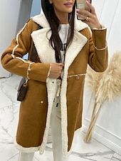 voordelige Winterjassen-Dames Winterjas Winddicht Houd Warm Lapwerk Knop Elegant Buiten Effen Kleur Werk Casual Dubbele rij knopen Strijkijzer Ruim Passend Lange mouw bovenkleding Zwart Bruin Herfst Winter