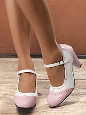 levne 50. léta 20. století-dámské vintage dvoubarevné podpatky mary jane s brogue detaily – retro boty s blokovým podpatkem na večírky a formální příležitosti