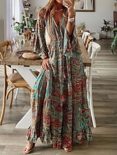billiga Bohemklänningar-Dam Maxiklänning Vintage klänning Vardagsklänning Boho-klänning Ledigt Dagligen Lös passning Grafisk Långärmad V-hals Rubinrött Blå Grön Grå Vår Höst