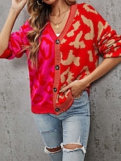 cheap Sweaters &amp; Cardigans-Women&#039;s Cardigan Fashion Daily Casual Leopard Color Block Print Open Front Knitted Long Sleeve Regular Tops Knit Formal Home Red Brown Fall Winter