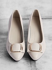 cheap Block Heels-Women&#039;s Beige Low Block Heel Pumps with Gold Buckle and Flexible Sole – Comfortable Slip-On Shoes for Office and Formal Wear