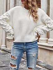 preiswerte Einfarbige Farben-Damen Pullover Elegant Modisch Täglich Feste Farbe Rundhalsausschnitt Strick Textur Langarm Normale Oberteile Stricken Arbeit Schwarz Weiß Herbst Winter
