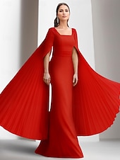 preiswerte ROT-Rotes Etui Abendkleid Elegantes formelles Hochzeitsgast Kleid Bodenlang Kurzarm Quadrat Ausschnitt Stretch-Crepe mit Applikationen